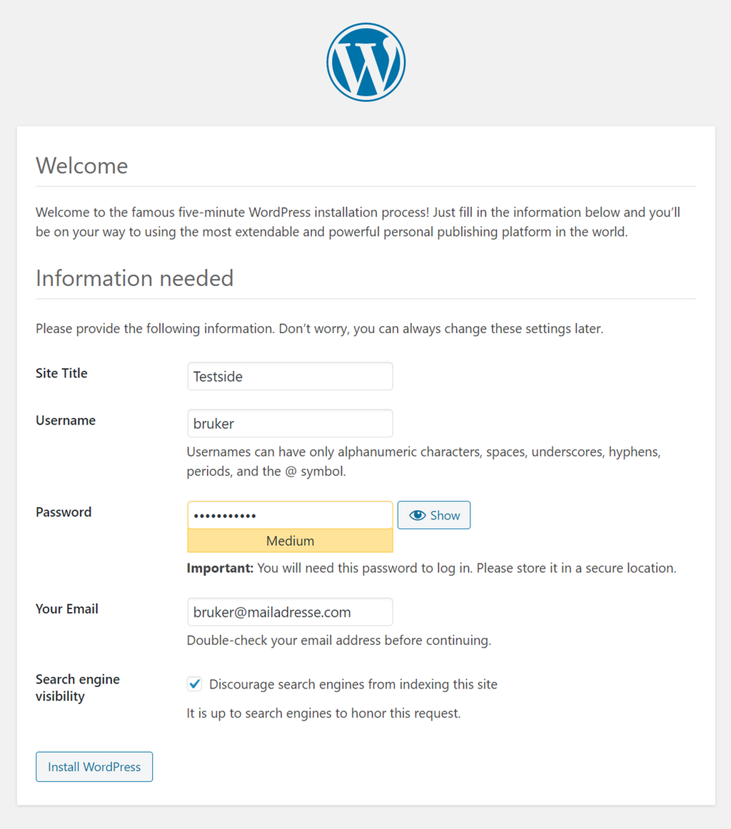 Nettside med felter for oppsett av nettsidenavn, brukernavn, passord, e-postadresse og om nettsiden skal være søkbar for søkemotorer. Skjermbilde.