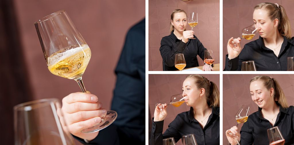 Bilder av en kvinne som ser, lukter og smaker på et glass med sider. Foto.