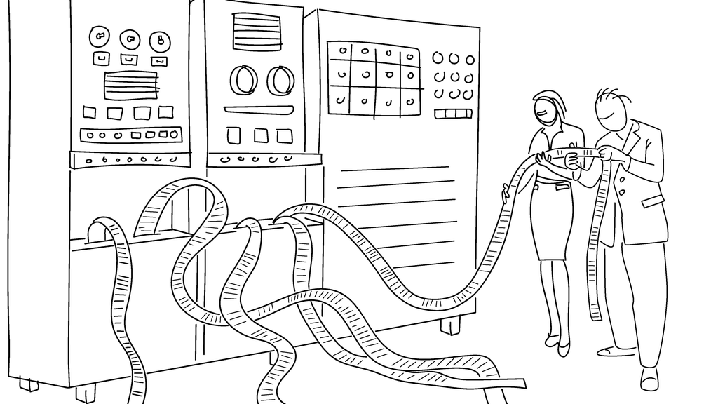 Ei dame og en mann står ved siden av en stor datamaskin og leser på en papirstrimmel som kommer ut av datamaskinen. Illustrasjon.