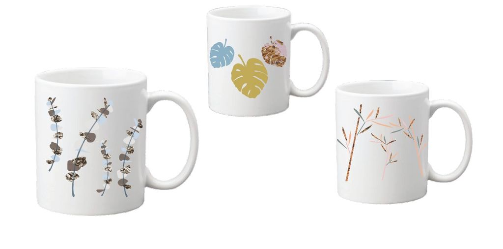 Tre kopper med ulik dekor. Illustrasjon.