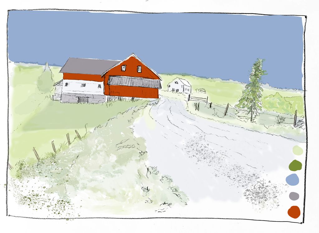 Skissetegning av en landevei som går til en bondegård. Illustrasjon.