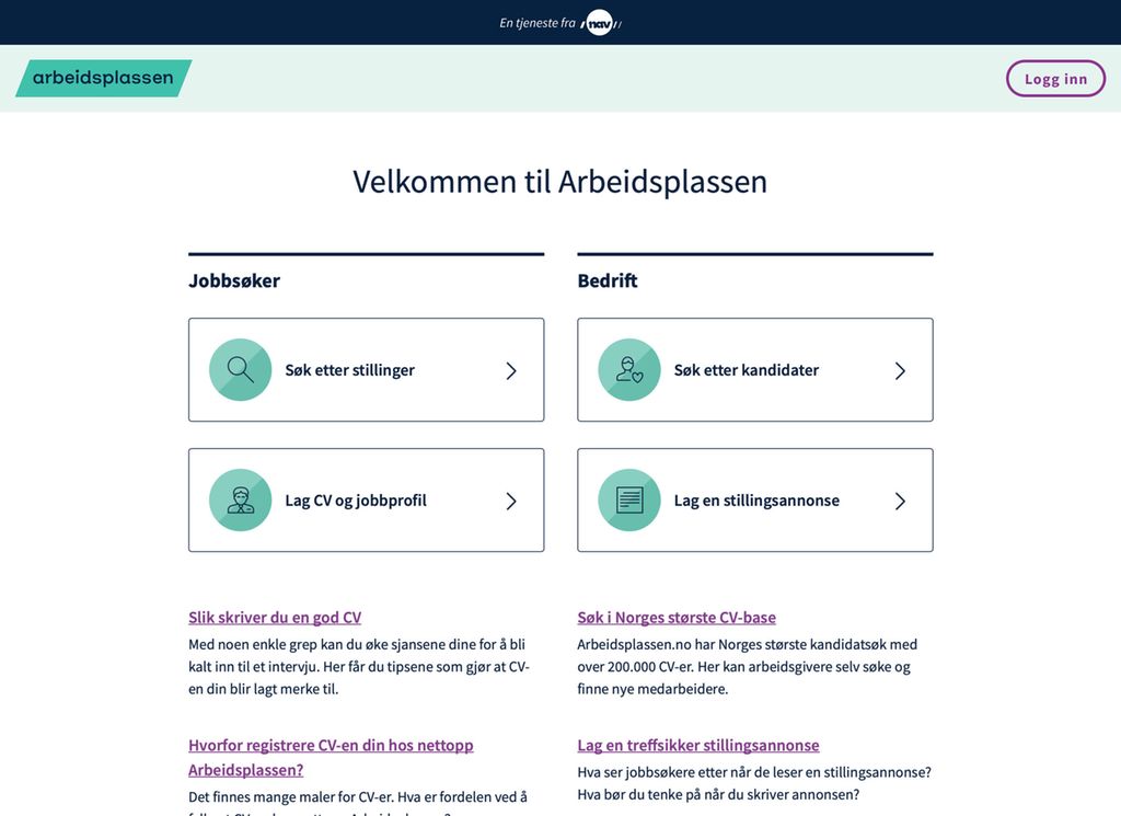 Skjermdump av forsiden til arbeidsplassen.no. Foto.