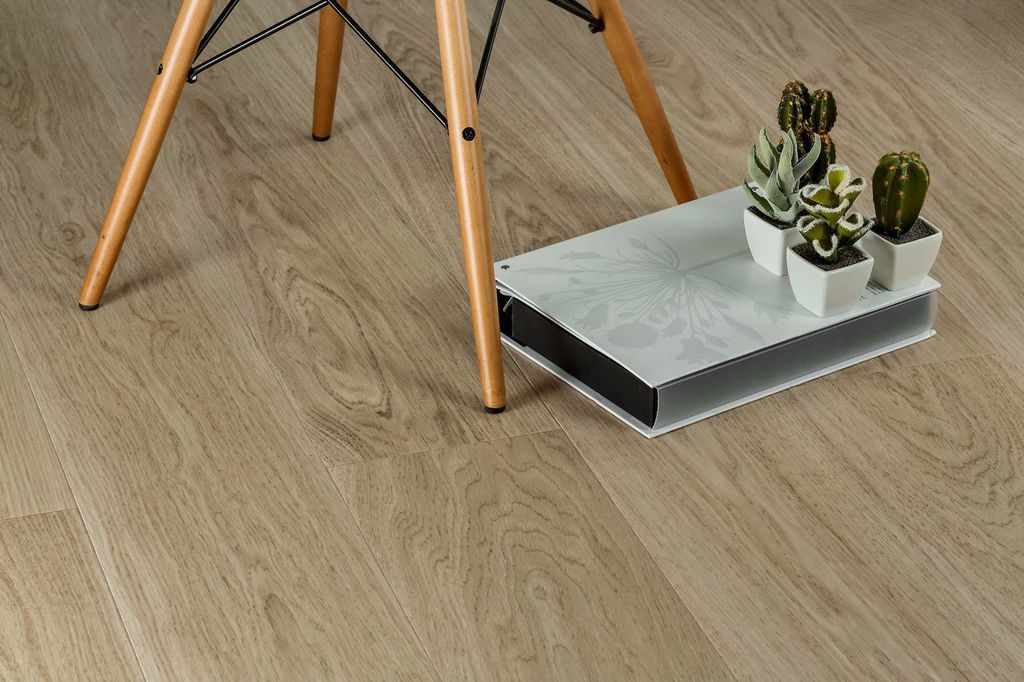 Stolbein og ei mappe med små kaktuser på et laminatgulv. Foto.