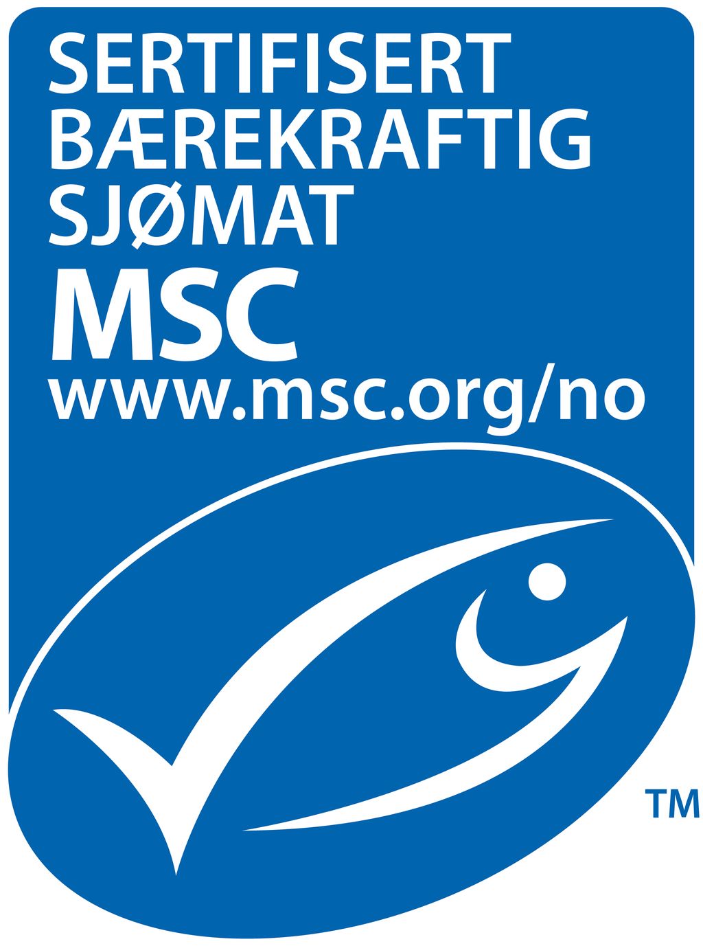 En blå rektangulær figur med omrisset av en hvit fisk og teksten "Sertifisert bærekraftig sjømat MSC" og nettadressen www.msc.org/no. Illustrasjon.