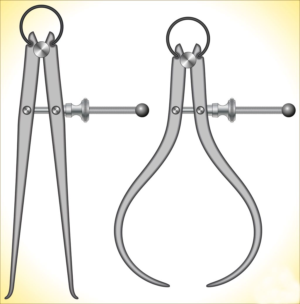 Skissen viser to kalipere som brukes til å ta avtrykk av indre og ytre diameter. Etterpå bruker vi et måleinstrument for å lese av lengden i avtrykket. Illustrasjon.