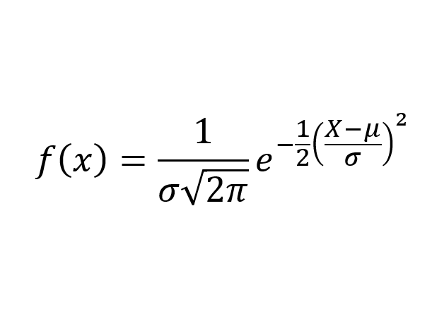 Tetthetsfunksjonen til normalfordelingen. Det står f av x er lik 1 delt på parentes sigma rota av 2 pi parentes slutt multiplisert med e opphøyd i parentes minus en halv parentes parentes x minus my parentes slutt delt på sigma parentes slutt opphøyd i andre parentes slutt. Illustrasjon.