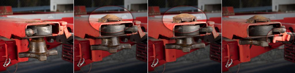 Hjørnelås på containerbil. Sekvens av fire bilder som viser hvordan låsen fungerer. Foto.