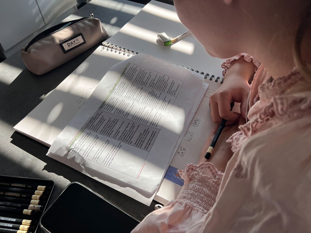 En elev ser på et skjema med vurderingskriterier. Foto.