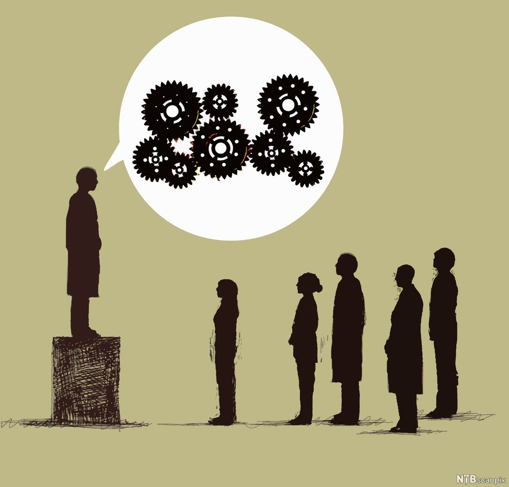 Man on box talking to audience,  cogs in speech bubble. Five people stand in front of him. Illustration. 