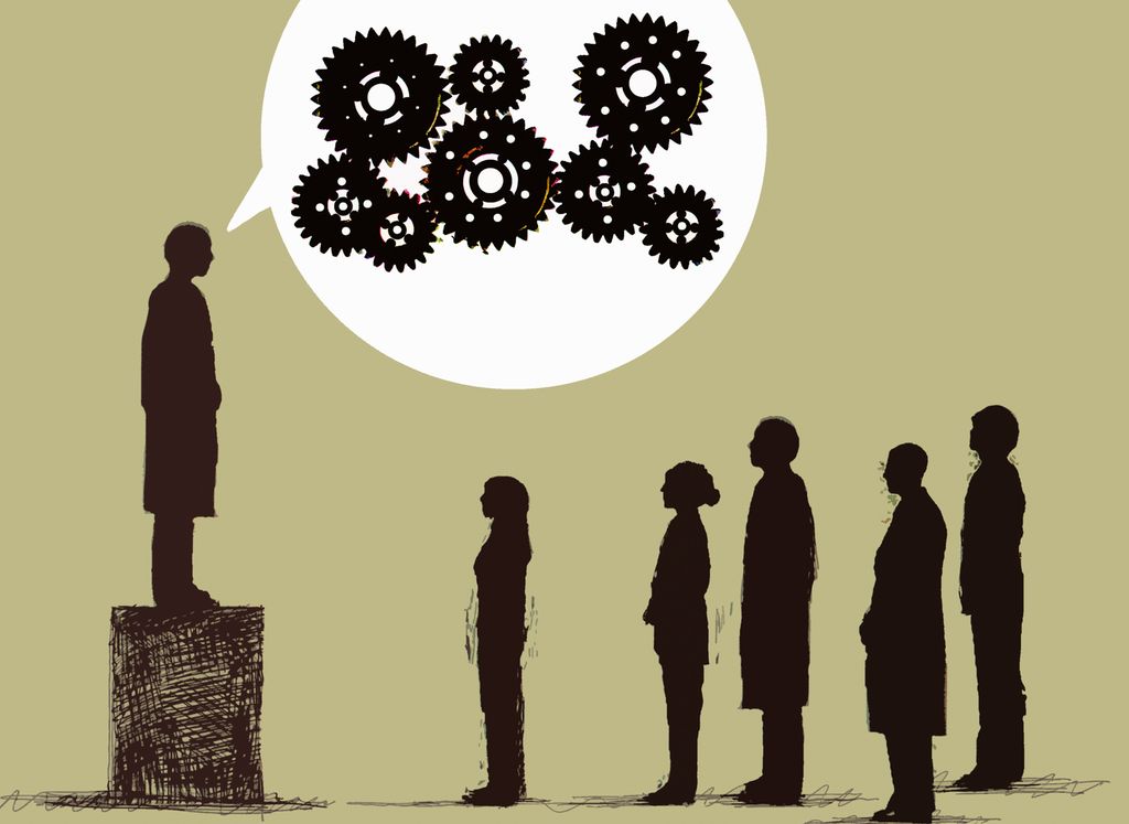 Mann står på en boks og taler til et publikum. Snakkeboble med tannhjul. Illustrasjon.