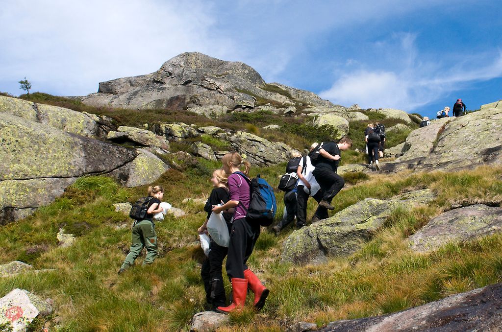 Ungdommer gjør undersøkelser i et fjellandskap. Foto.