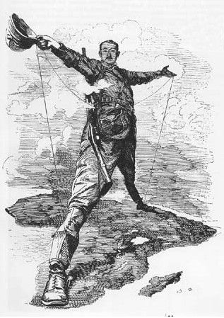 Drawing: We see the colonialist Cecil Rhodes.  He is standing astride a map of Africa, holdig a string that is tied at either end of the continent. 