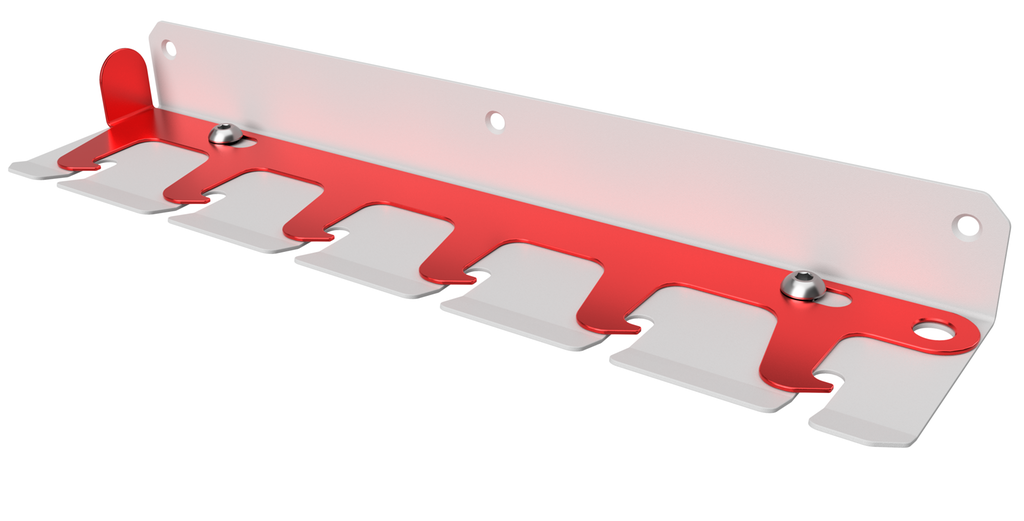 Stativ for å henge på vegg med seks låsbare slisser. Illustrasjon.