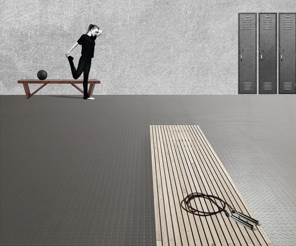 Mørkt gummigulv med lave, runde knotter i en treningshall. Illustrasjon.