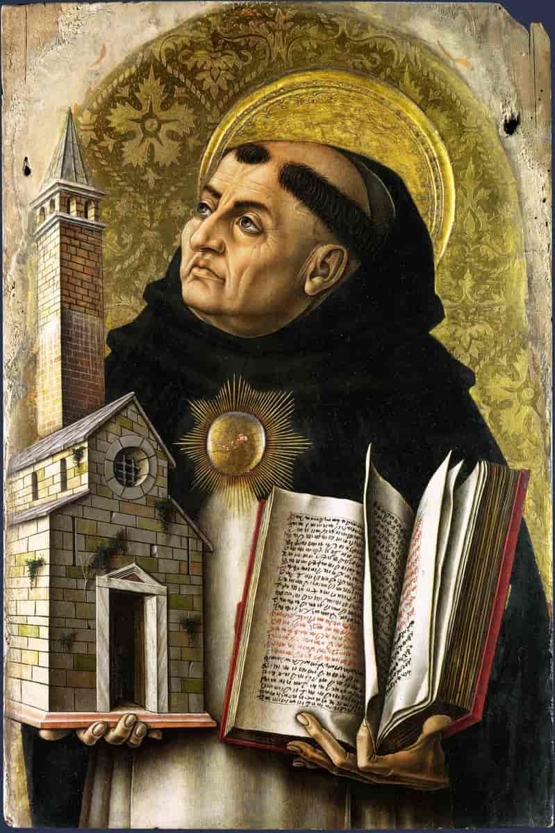 Munk holder ei bok i den ene hånda og en modell av ei kirke i den andre. Maleri.