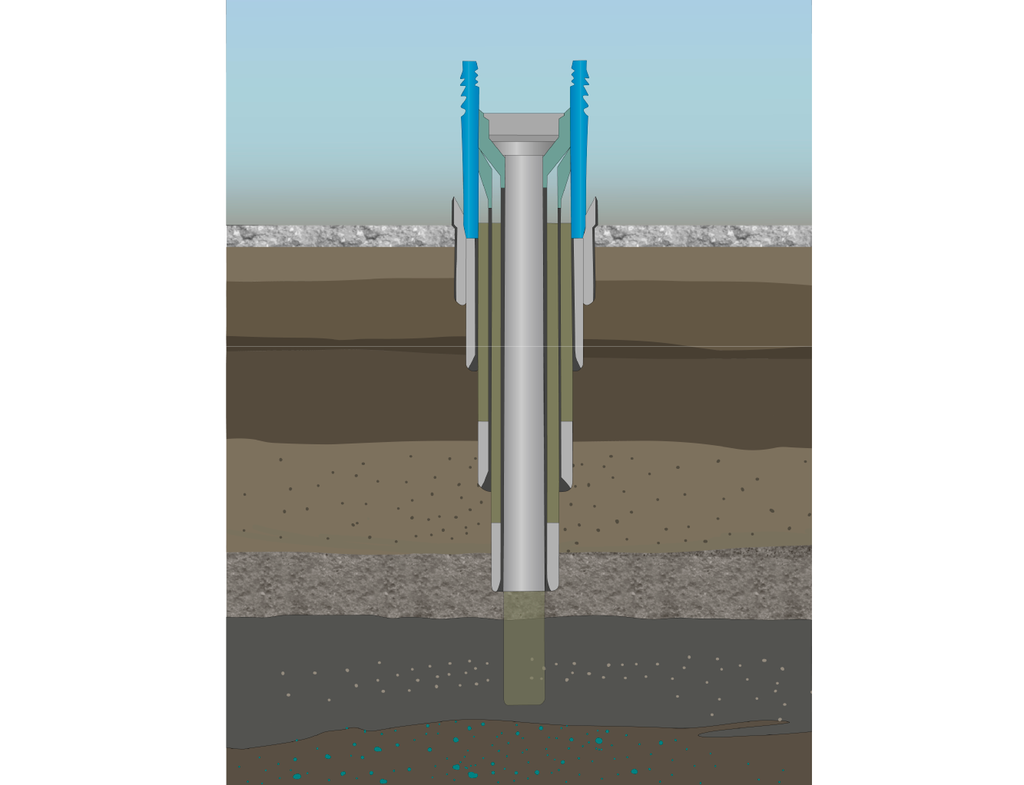 Skissen viser en brønn som er boret til reservoaret. Den er sikret med fòringsrør (casing) og sement. Illustrasjon.