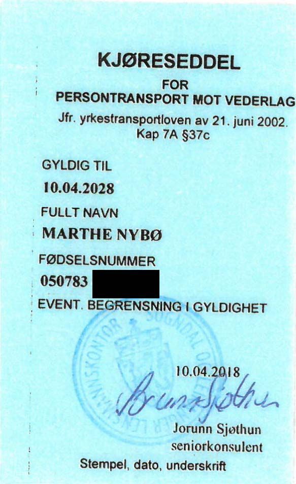 Framsida på en kjøreseddel. Foto.