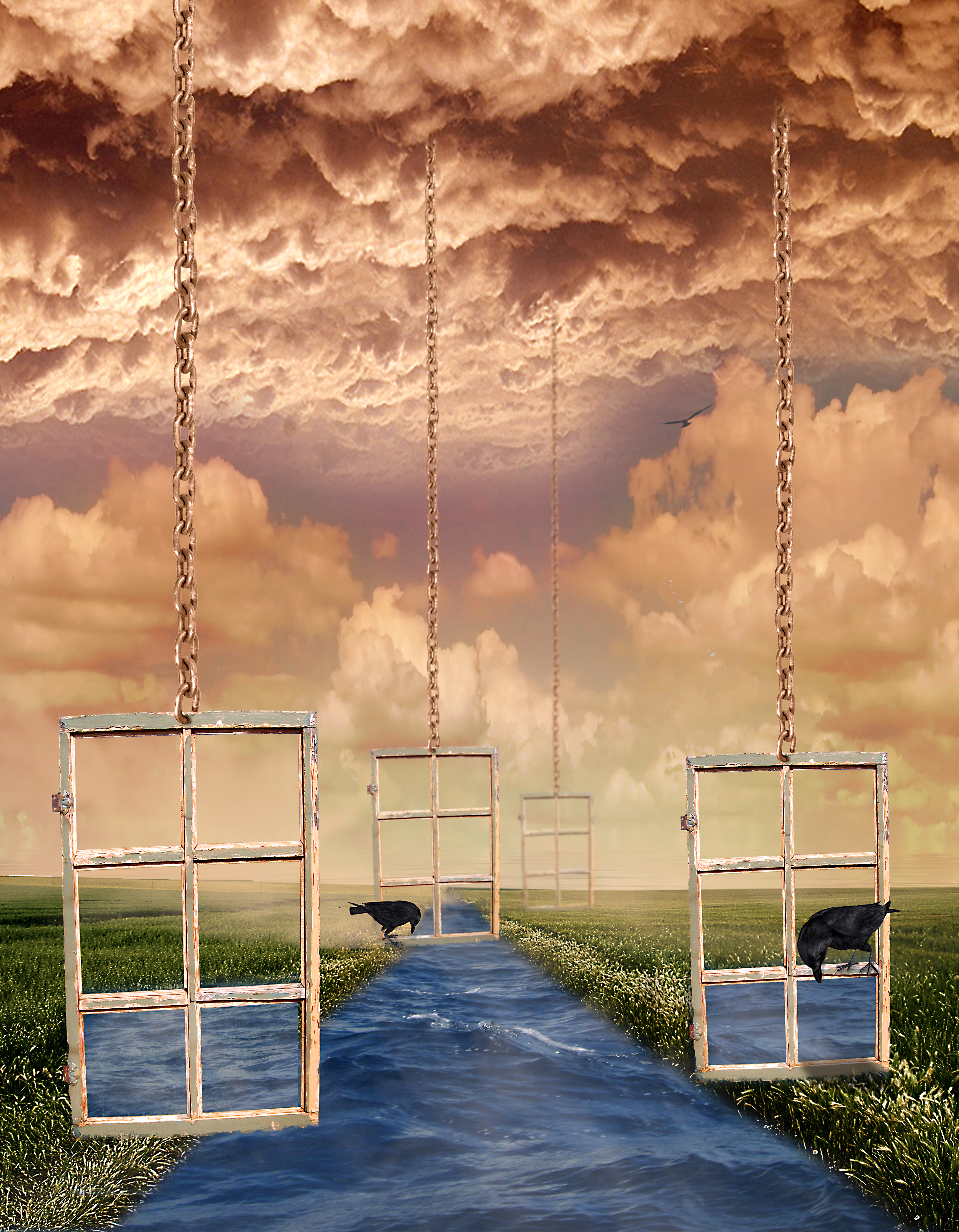 Photo art: A landscape with a stream, orange-grey clouds above, four windows are suspended from chains. A raven sits in two of the windows. 