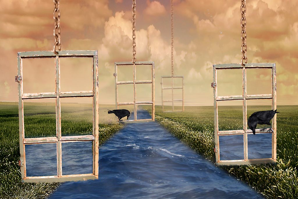 Photo art: A landscape with a stream, orange-grey clouds above, four windows are suspended from chains. A raven sits in two of the windows.