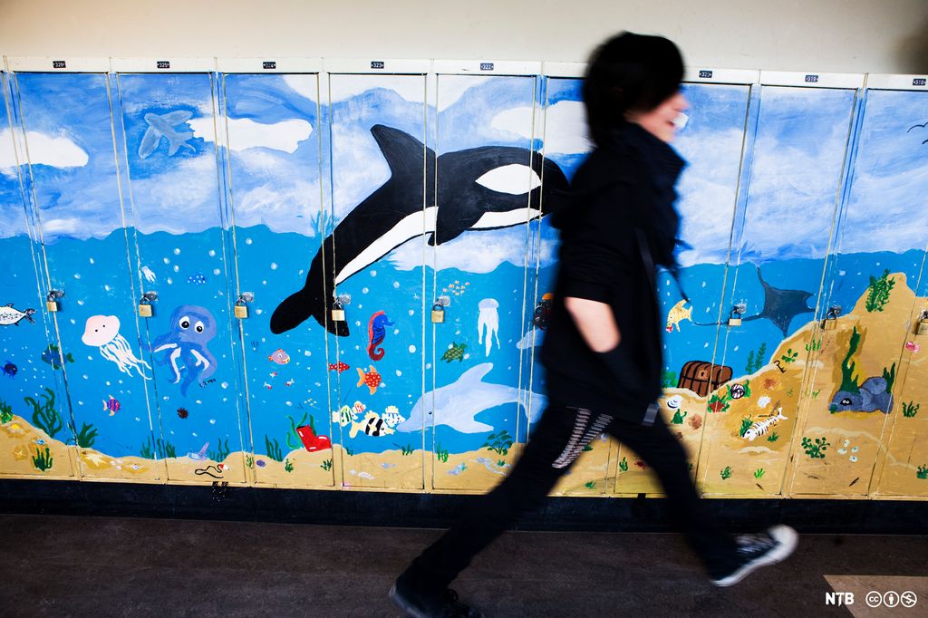En gutt passerer en vegg med skap hvor det er malt et undervannsbilde av havet med mange ulike arter. Foto.