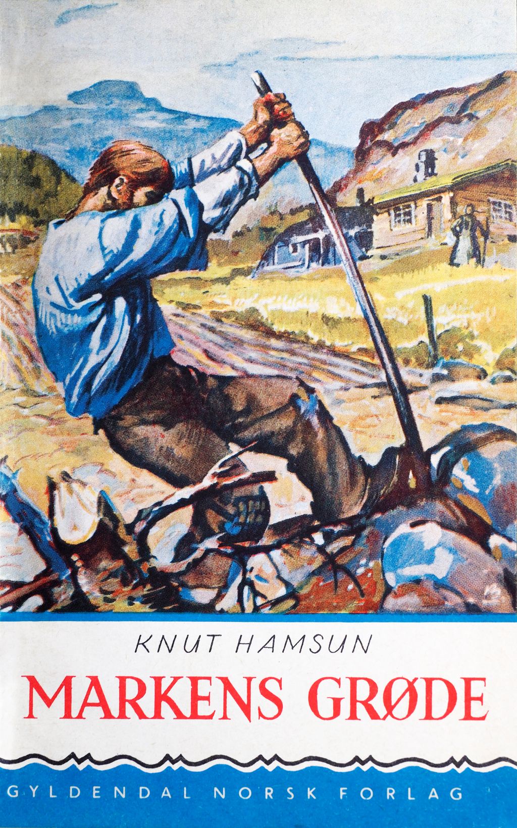 Ein mann bruker spett for å få opp ein stein. Bak han er ein bondegard. Illustrasjon.