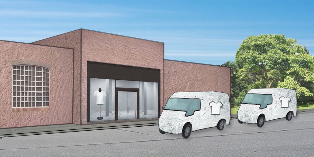 To kassebiler utenfor en klesbutikk. Illustrasjon.