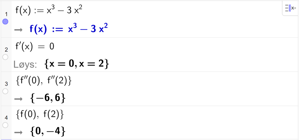 På linje 1 i CAS-vindauget i GeoGebra er f av x definert som x i tredje minus 3 x i andre. På linje 2 er f derivert av x sett lik 0. Svaret med Løys er x er lik 0 eller x er lik 2. På linje 3 er det skrive sløyfeparentes f dobbeltderivert av 0, komma, f dobbeltderivert av 2 sløyfeparentes slutt. Svaret er sløyfeparentes minus 6, komma, 6 sløyfeparentes slutt. På linje 4 er det skrive sløyfeparentes f av 0, komma, f av 2 sløyfeparentes slutt. Svaret er sløyfeparentes 0, komma, 4 sløyfeparentes slutt. Skjermutklipp.
