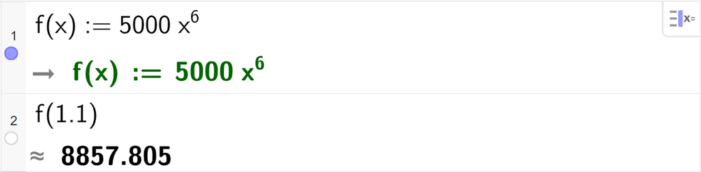På linje 1 i CAS-vindauget i GeoGebra er funksjonen f av x er lik 5000 multiplisert med x opphøgd i 6 definert. På linje 2 er f av 1,1 rekna ut med tilnærming til 8857,805. Skjermutklipp.