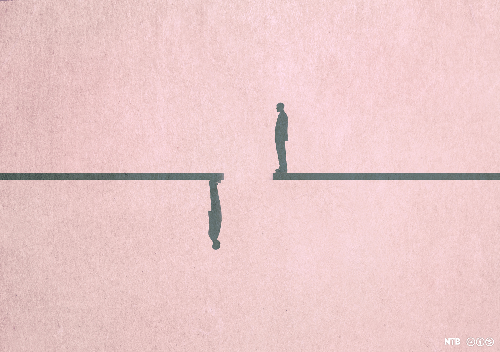 Illustration: On the right hand side of the image we see the outline of a man standing at the end of a line, an upside down version of the same image makes up the left hand side of the image. 