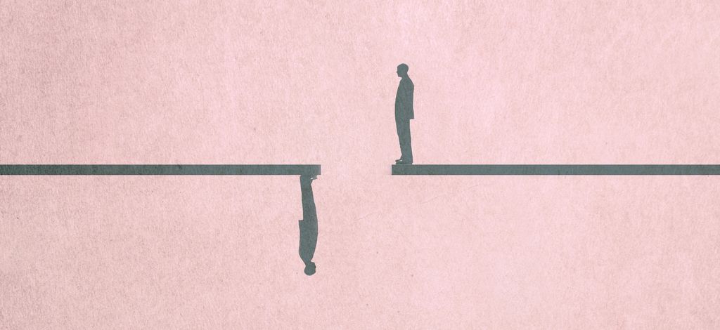 Illustration: On the right hand side of the image we see the outline of a man standing at the end of a line, an upside down version of the same image makes up the left hand side of the image.