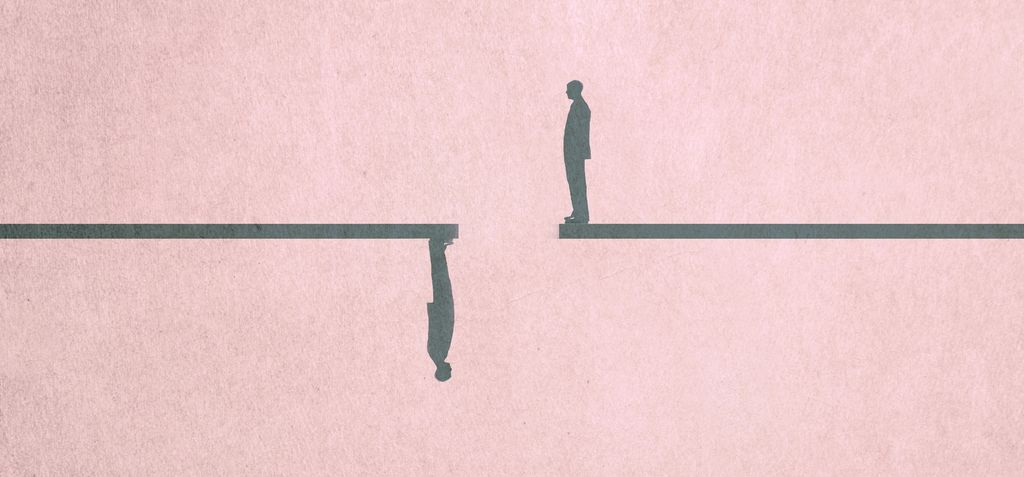 Illustration: On the right hand side of the image we see the outline of a man standing at the end of a line, an upside down version of the same image makes up the left hand side of the image.