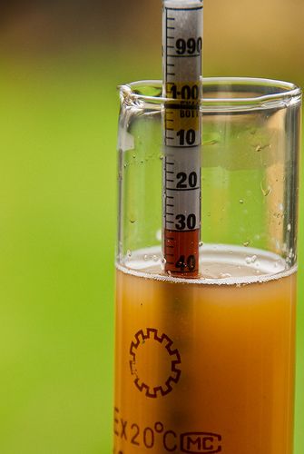 Nærbilde av et densimeter som flyter i brunt vann i et reagensrør. Foto.