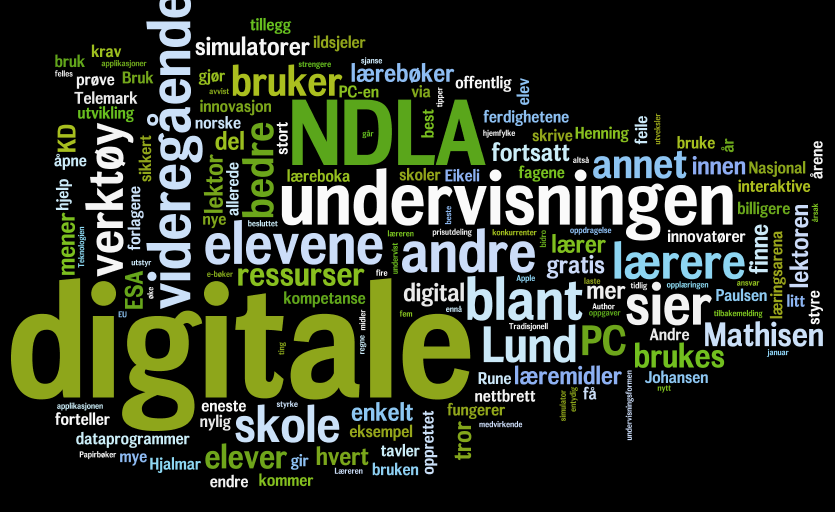 Utsnitt av ordsky. Ordskyen er em framstilling som visualiserer en viss mengde tekstdata. Jo flere ganger et ord er brukt, jo større blir det i ordskyen. De største ordene i denne ordskyen er "digitale", "NDLA", "undervisningen", "verktøy" og "videregående". Illustrasjon.