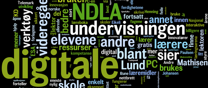 Utsnitt av ordsky. Ordskyen er em framstilling som visualiserer en viss mengde tekstdata. Jo flere ganger et ord er brukt, jo større blir det i ordskyen. De største ordene i denne ordskyen er "digitale", "NDLA", "undervisningen", "verktøy" og "videregående". Illustrasjon.