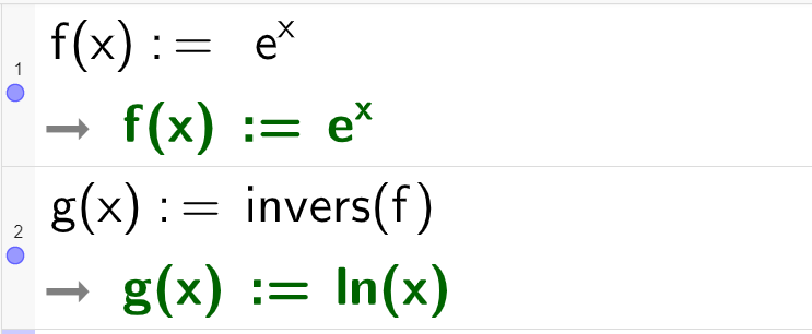 CAS-utregning i GeoGebra. På linje 1 står det f av x kolon er lik e opphøyd i x. Under står det det samme. På linje 2 står det g av x kolon er lik invers av f. Under står det g av x kolon er lik l n av x. Skjermutklipp.