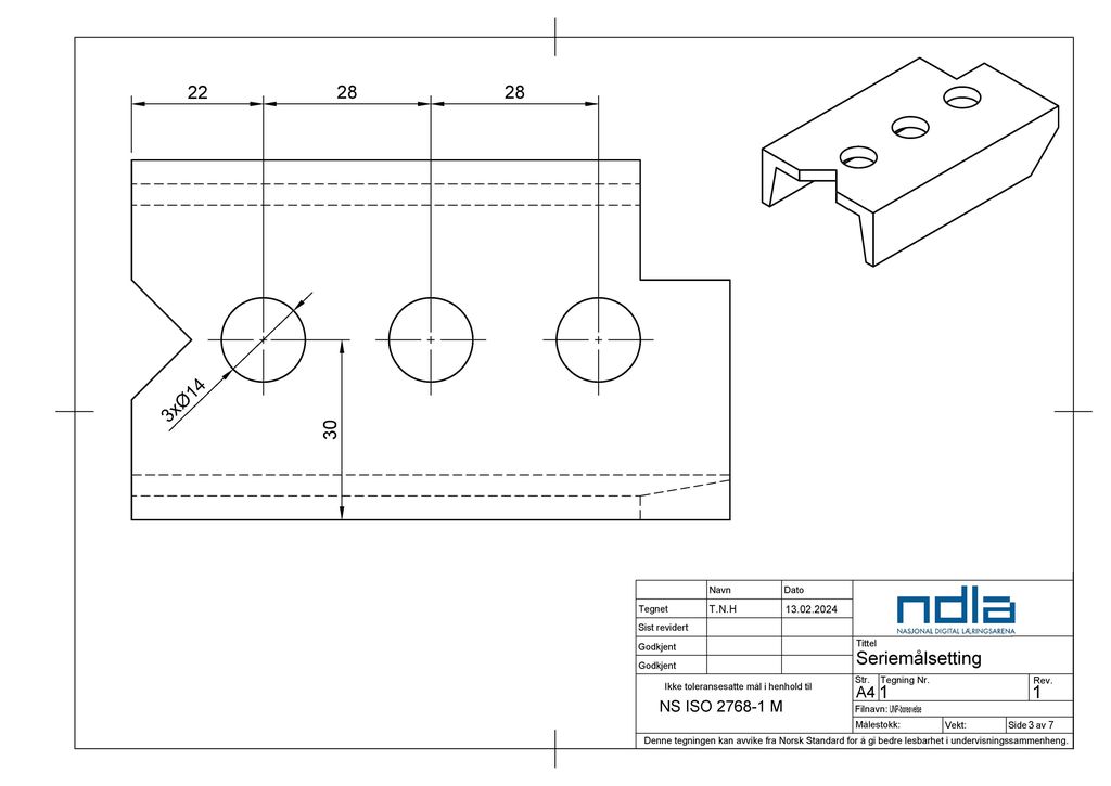 Teknisk tegning av en u-forma metalldel med tre runde hull på oppsida, plassert midt på flata og i lik avstand fra hverandre. Illustrasjon.