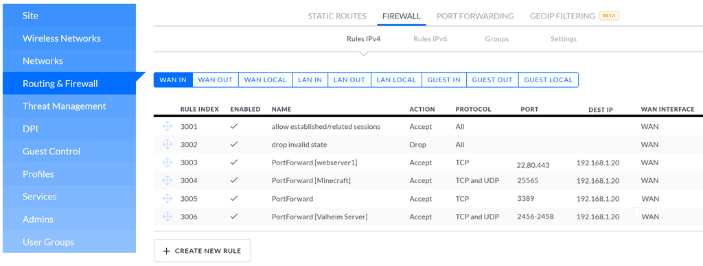 Utklipp fra web-grensesnitt til UniFi controller, det viser ei liste over brannmurregler. Skjermbilde.