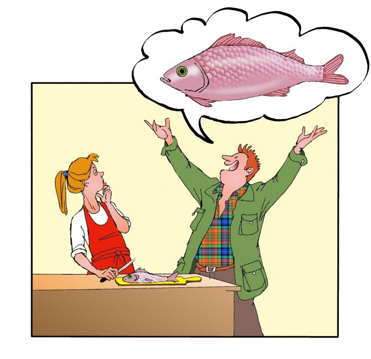 Mann i turutstyr snakker gestikulerende om en stor fisk til kvinne som skal til å håndtere en mye mindre fisk som ligger på kjøkkenbenken. Illustrasjon.