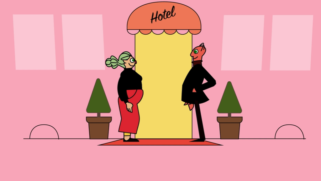 En mann og en kvinne står foran en hotellinngang. Illustrasjon.