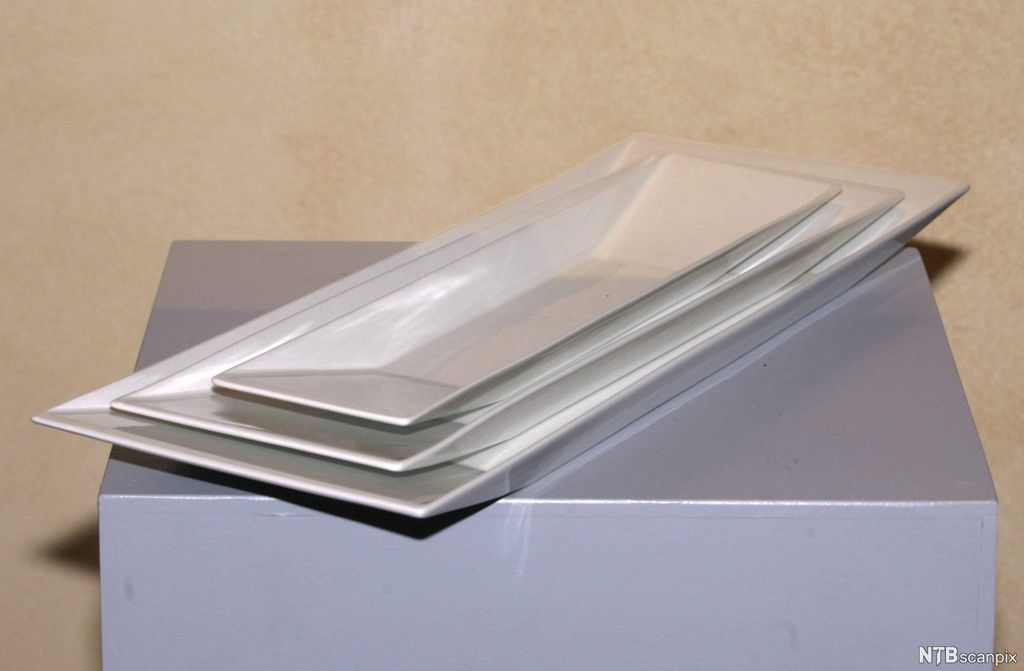 Tre avlange og firkantede hvite porselensfat. Foto.