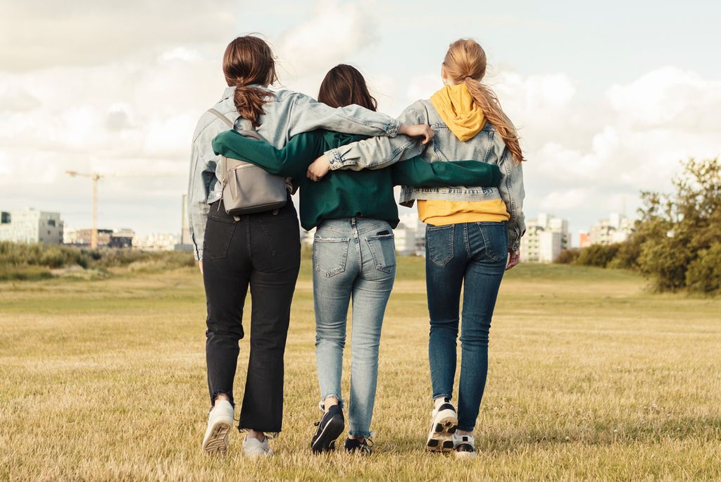 Photo: Rear view of three female friends with arms around walking in park.