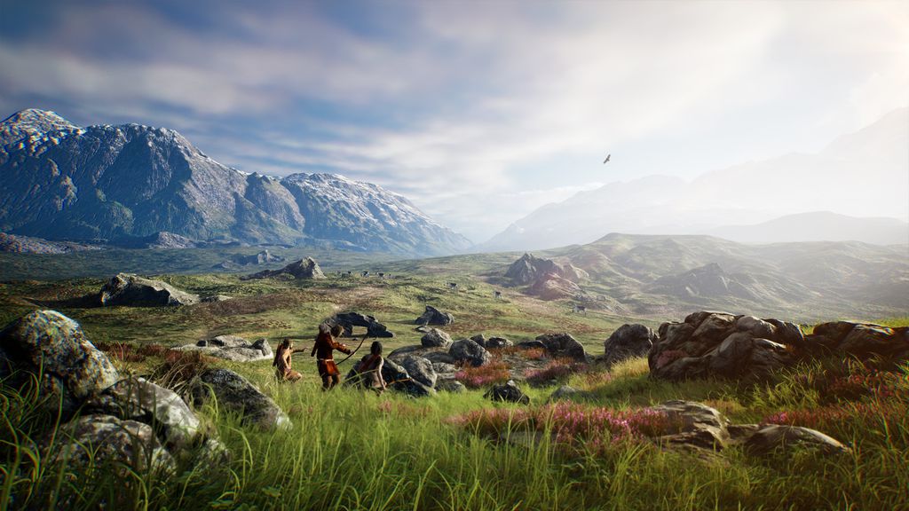 Mennesker med pil og bue som ser ut til å være på jakt i et fjellområde. Historisk illustrasjon. 