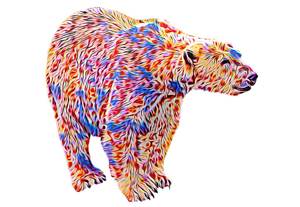 A multi-coloured polar bear in bright blue, red, and orange tones. Photo art.