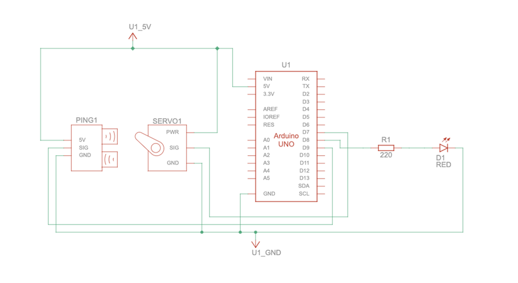 Elektrisk koplingsskjema som viser Arduino, ultralydsensor, servo, resistor og lysdiode. Tilkoplingspunkt er merka. Illustrasjon.