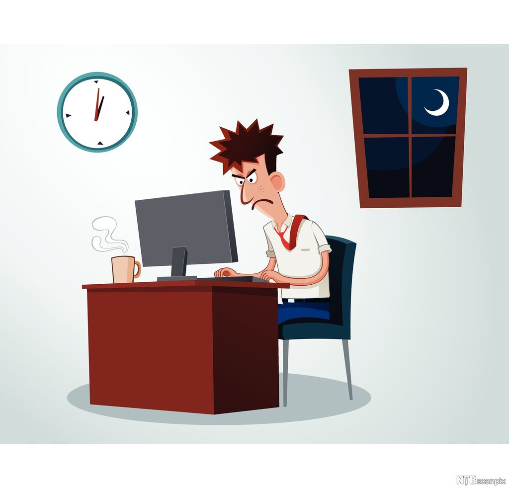 En sur og stresset mann jobber sent på natta. Illustrasjon. 
