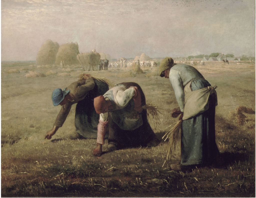 Oljemaleri av tre kvinner som går krumbøyde og plukker strå fra bakken. Foto.