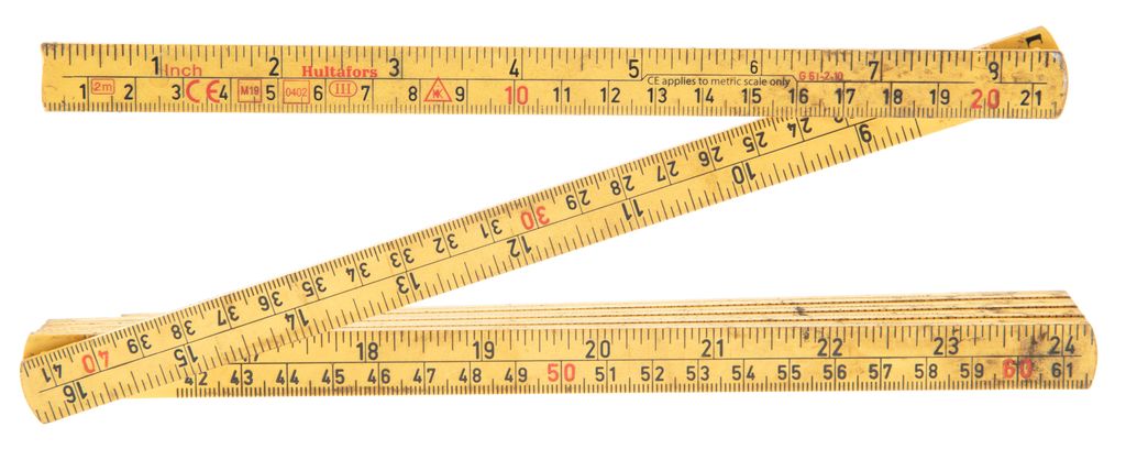 Gul tommestokk formet som en Z. Foto.