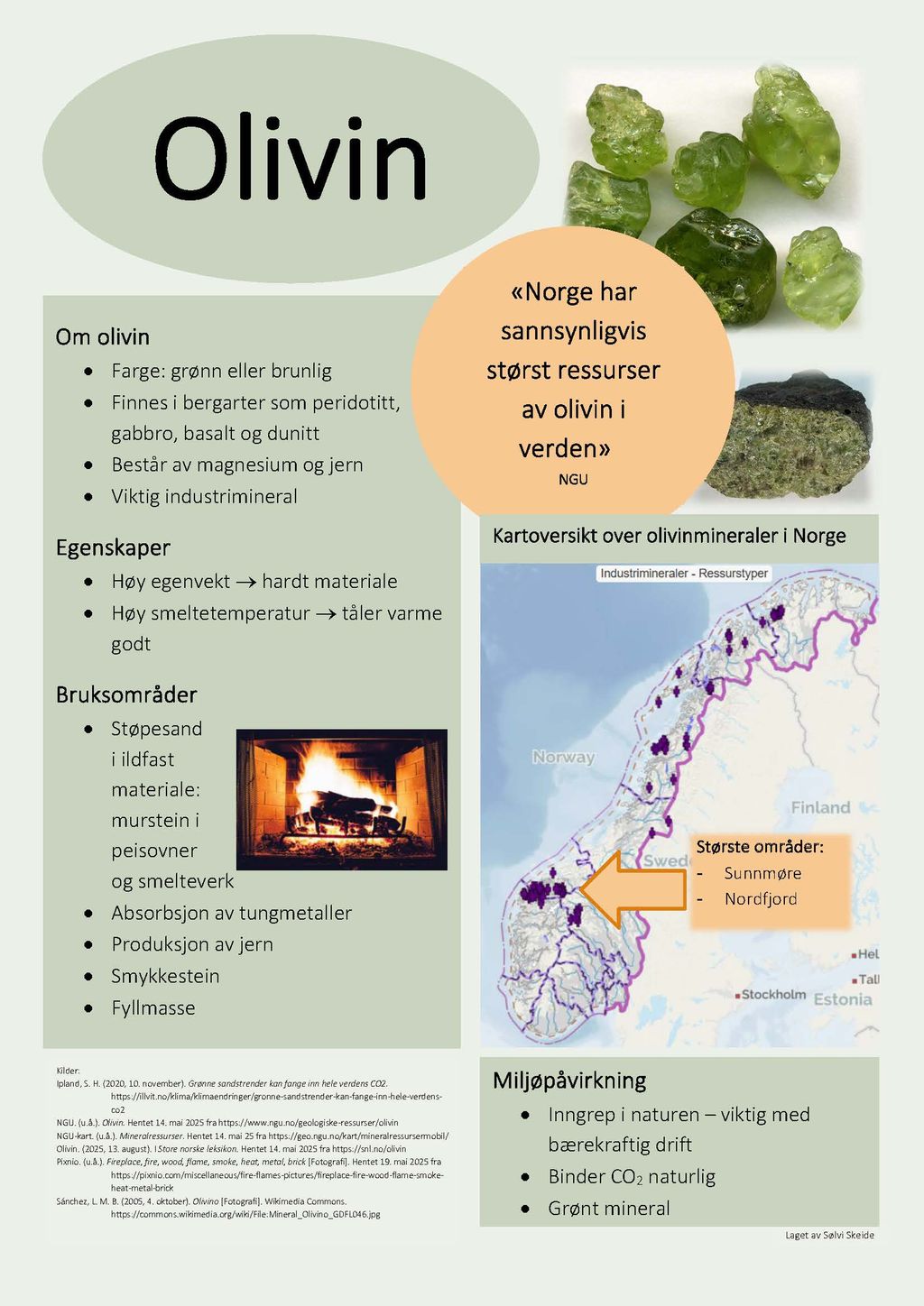 Eksempel på utforming av digital plakat om mineralet olivin. Den inneholder grønne tekstbokser med overskrifter og informasjon om mineralets egenskaper og bruksområder, og om miljøpåvirkning. Plakaten har også bilder, kart og en kildeliste. I en oransje sirkel står det et sitat av Norges geografiske undersøkelse: "Norge har sannsynligvis størst ressurser av olivin i verden." Illustrasjon.