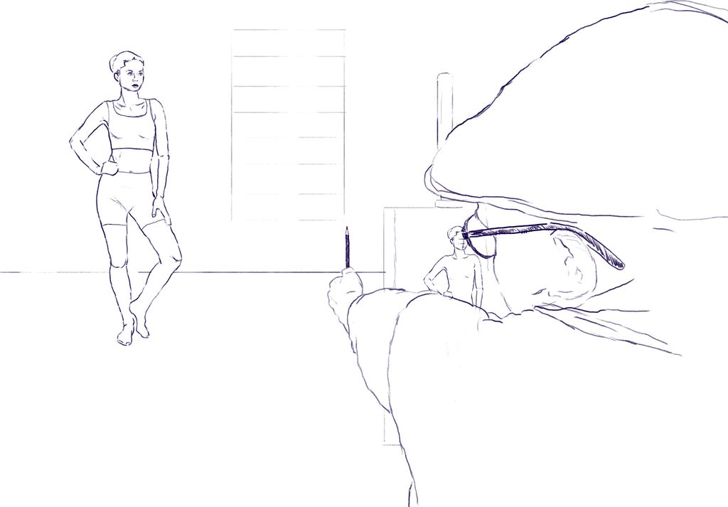 Teikning av ein person som teiknar ein ståande modell. Illustrasjon.