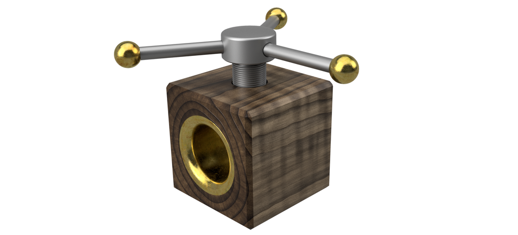 Trekloss med et hull tvers gjennom. Hullet har gullfarga metall rundt kanten. Det går en skrue inn fra toppen, den har tre pinner ut til sidene med ei gullfarga kule på hver ende. Illustrasjon.